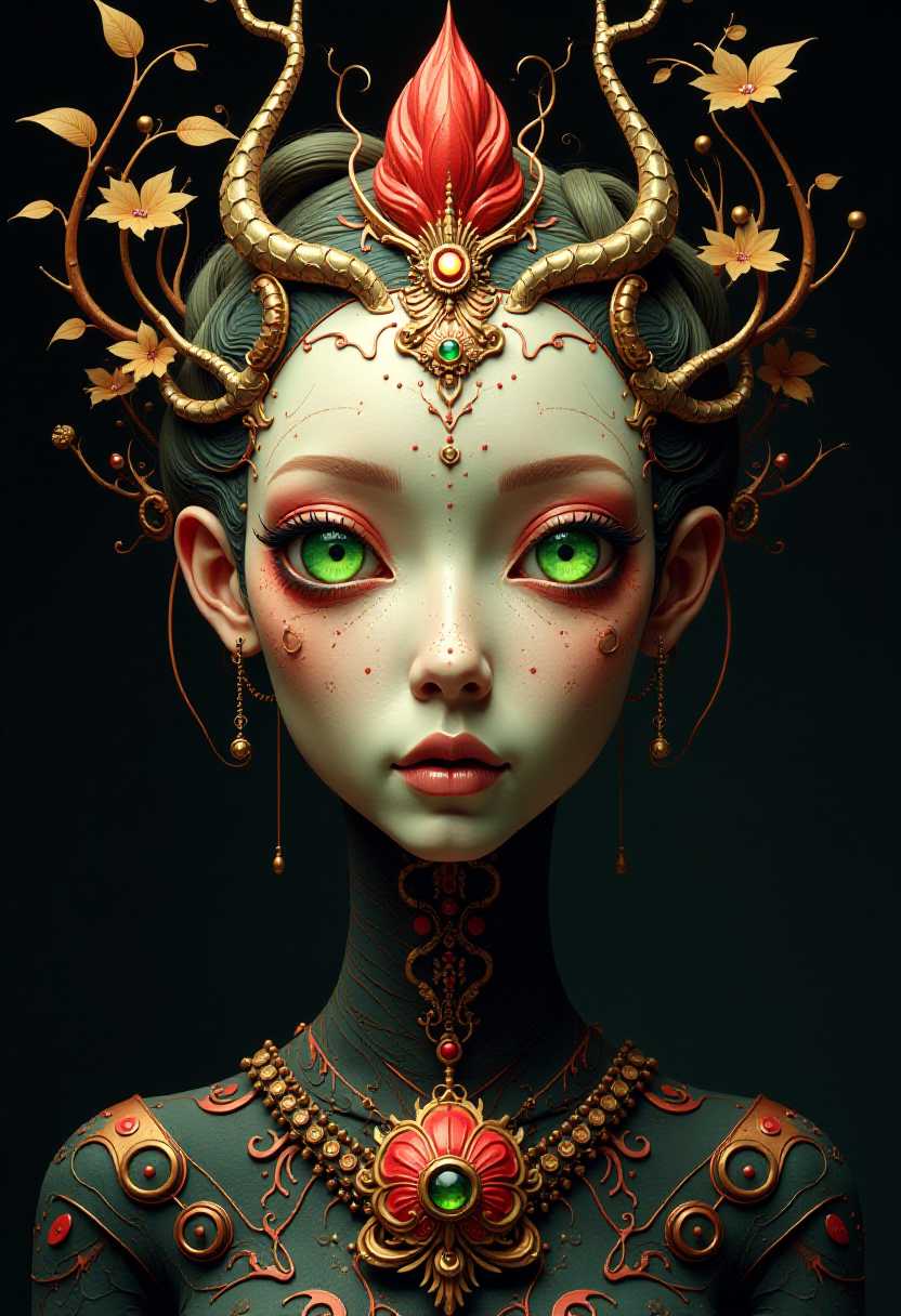 This image is a highly stylized and surreal depiction of a face, which could be interpreted as a character or a mask. The art style is reminiscent of surrealism, with a touch of steampunk, characterized by its intricate details, vibrant colors, and the blending of organic and mechanical elements.The medium appears to be digital painting, given the smooth gradients, the lack of texture, and the precision of the lines and shapes. The colors are rich and varied, with a predominance of reds, greens, and golds, which give the image a warm, almost glowing quality. The use of black as the background contrasts sharply with the bright colors of the subject, drawing the viewers attention to the detailed features of the face.The face itself is adorned with an elaborate headdress that seems to be made of intertwined vines and leaves, suggesting a connection with nature. The headdress is embellished with circular motifs and small, ornate details that resemble jewels or gemstones. The eyes are particularly striking, with a vivid green iris and a red sclera that gives them a mechanical appearance. The pupils are not visible, which adds to the enigmatic quality of the eyes.The rest of the face is equally elaborate, with a complex network of lines and shapes that create a masklike effect. The forehead is adorned with a series of concentric circles and a central, larger circle that resembles a face within a face. The nose is elongated and narrow, with a small, circular detail at its tip. The mouth is closed, with a straight line for the lips, and there is a singular, large, circular detail on the chin.The neck is also intricately designed, with a series of circular motifs and a central, ornate pendant that resembles a flower or a blooming blossom. The pendant is adorned with smaller, circular details and a chain that leads down to the shoulders, where similar circular motifs can be seen.Overall, the image exudes a sense of mystery and otherworldliness, inviting the viewer to ponder the story or the character that this elaborate mask represents.