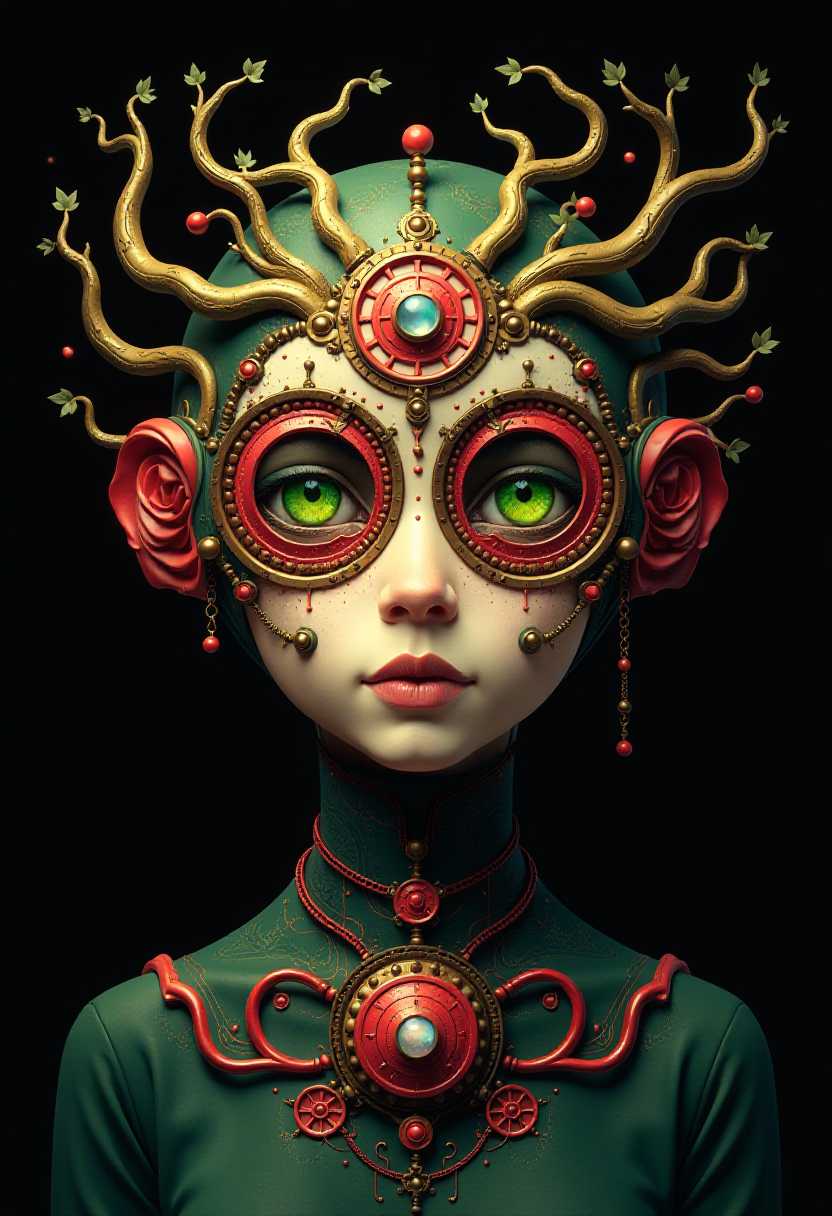 This image is a highly stylized and surreal depiction of a face, which could be interpreted as a character or a mask. The art style is reminiscent of surrealism, with a touch of steampunk, characterized by its intricate details, vibrant colors, and the blending of organic and mechanical elements.The medium appears to be digital painting, given the smooth gradients, the lack of texture, and the precision of the lines and shapes. The colors are rich and varied, with a predominance of reds, greens, and golds, which give the image a warm, almost glowing quality. The use of black as the background contrasts sharply with the bright colors of the subject, drawing the viewers attention to the detailed features of the face.The face itself is adorned with an elaborate headdress that seems to be made of intertwined vines and leaves, suggesting a connection with nature. The headdress is embellished with circular motifs and small, ornate details that resemble jewels or gemstones. The eyes are particularly striking, with a vivid green iris and a red sclera that gives them a mechanical appearance. The pupils are not visible, which adds to the enigmatic quality of the eyes.The rest of the face is equally elaborate, with a complex network of lines and shapes that create a masklike effect. The forehead is adorned with a series of concentric circles and a central, larger circle that resembles a face within a face. The nose is elongated and narrow, with a small, circular detail at its tip. The mouth is closed, with a straight line for the lips, and there is a singular, large, circular detail on the chin.The neck is also intricately designed, with a series of circular motifs and a central, ornate pendant that resembles a flower or a blooming blossom. The pendant is adorned with smaller, circular details and a chain that leads down to the shoulders, where similar circular motifs can be seen.Overall, the image exudes a sense of mystery and otherworldliness, inviting the viewer to ponder the story or the character that this elaborate mask represents.