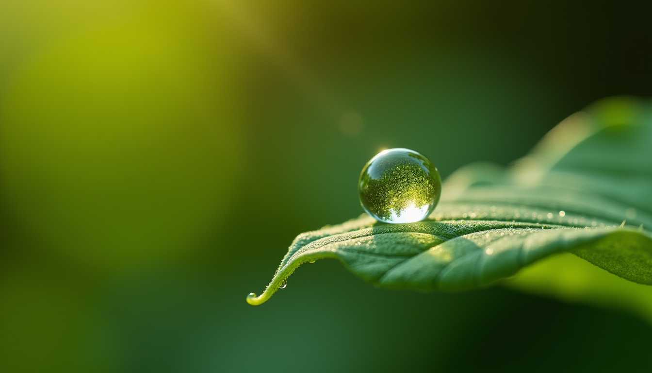 perfection style v3, Macro photograph. A single, spherical dewdrop clings to the edge of a vibrant green leaf. The dewdrop acts as a lens, refracting the surrounding foliage and creating a miniature, distorted world within its curved surface. The leaf's surface has a delicate, velvety texture with fine veins running through it. The background is a soft, out-of-focus blur of green and brown tones. Early morning light illuminates the scene, creating a sparkling highlight on the dewdrop.