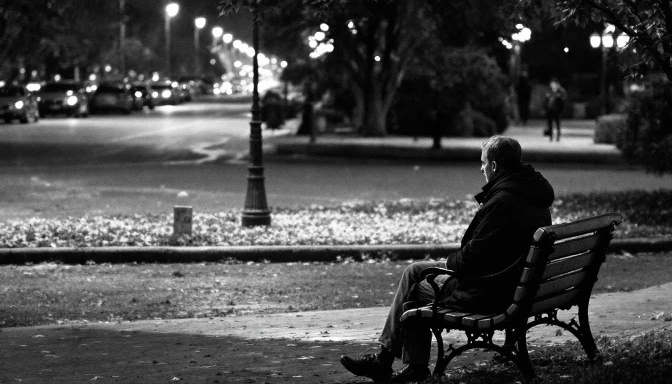 DSC_4567.NEF: lonely figure on park bench --style black and white street photography --details high --mood melancholic