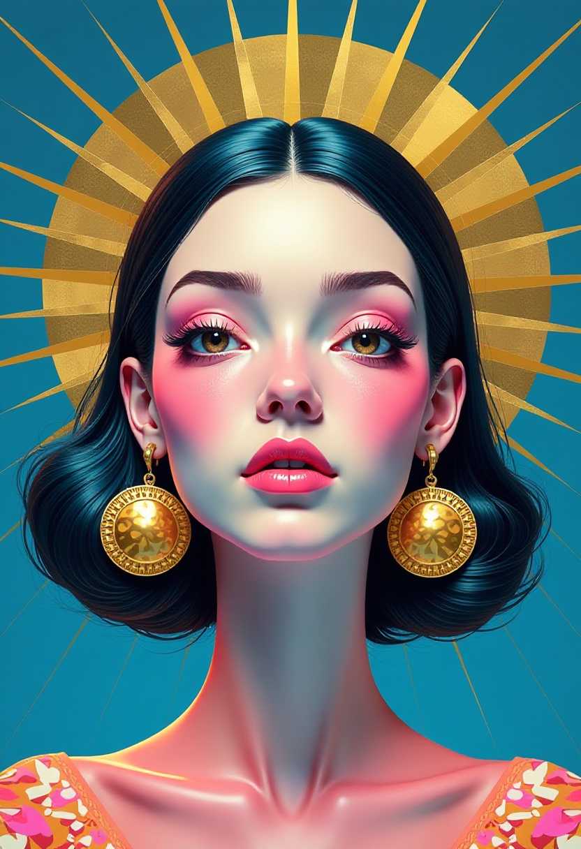 Digital artwork depicting a surreal, highly stylized figure within a pop surrealism art style. The composition showcases a blend of human and nonhuman elements, characterized by bold colors and exaggerated features. The medium is digital painting, offering smooth gradients and precise lines without texture. The colors are vibrant and contrasting, featuring a palette of deep blues, bright pinks, and metallic gold, enhancing depth and highlighting the figure against a deep blue, dynamic background. The figure's complexion is pale, with pink to peach gradients enhancing cheeks and lips, while the deep brown eyes and well-defined eyebrows add emotion and intensity. The hair is a lustrous, dark shade with a glossy finish that plays with light reflections, contributing to the piece's three-dimensional effect. A golden headpiece resembling a halo, with radial rays, serves as the focal point, complemented by large, circular gold-patterned earrings that enhance the image’s opulence. The background features vertical lines radiating from the figure, enriching the sense of movement and mystique. The artwork captures a striking, otherworldly essence, merging elements of pop surrealism and bold color contrasts in a visually arresting and intriguing manner.
