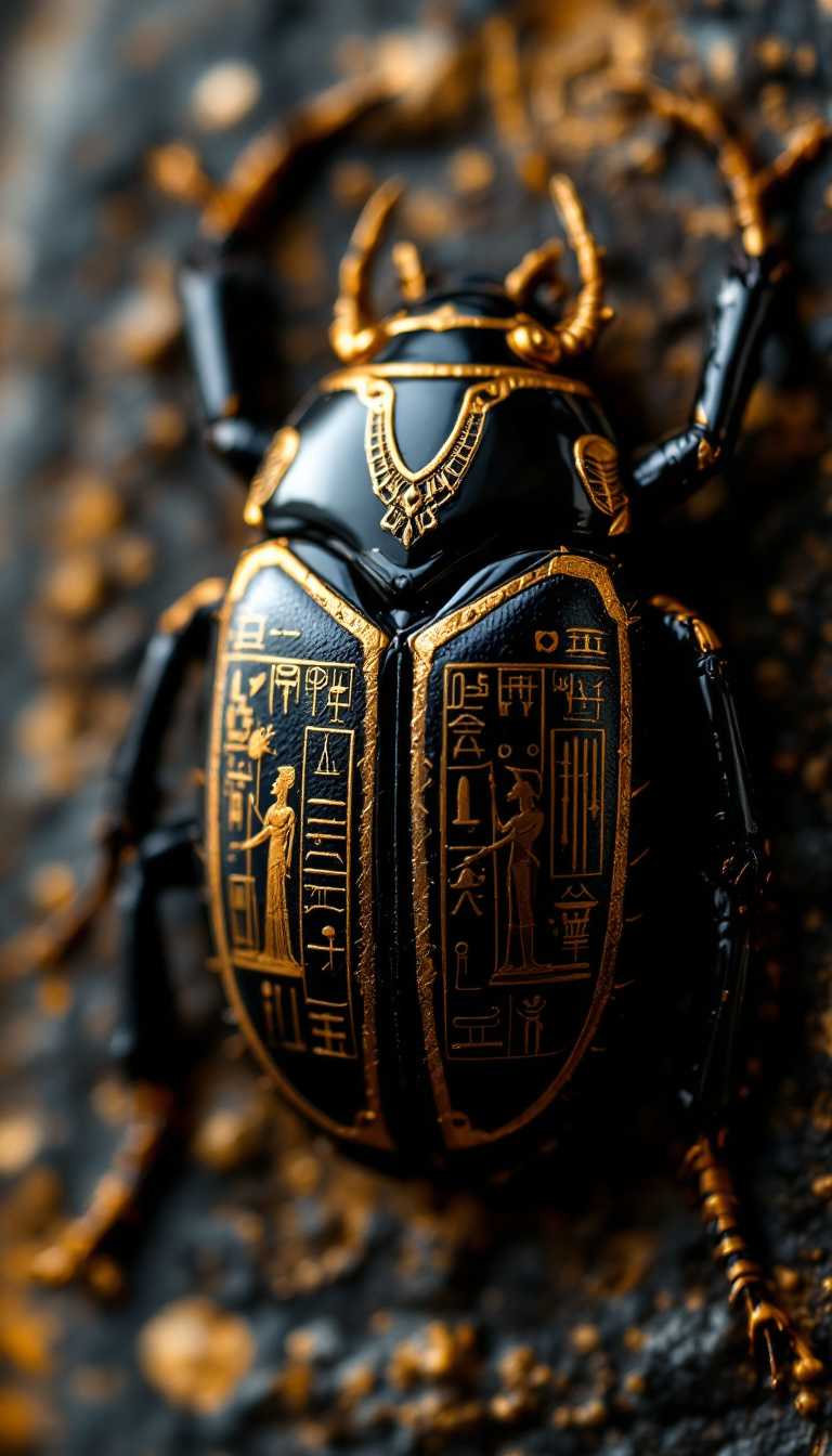 Close up of black Scarab with shiny black shell and golden egyptian hieroglyphs on this back