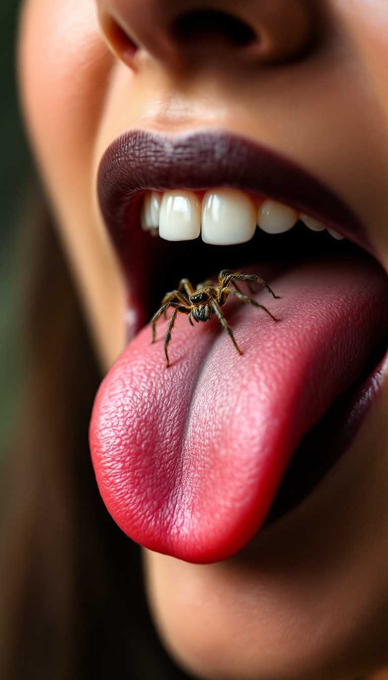 close up of a woman's mouth, open mouth with tongue out. A tarantel spider are sitting on top of the tongue.