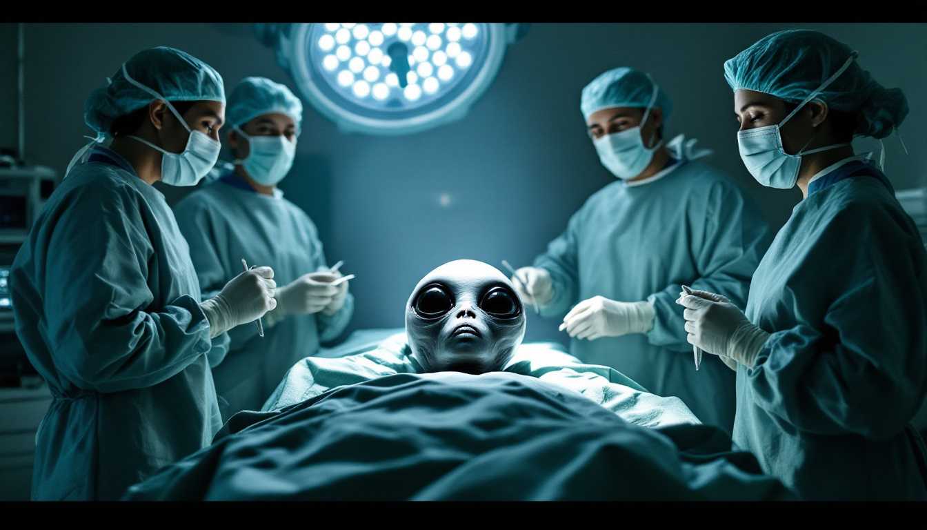 a group a medical doctors with surgical instruments in an operating room standing around am operating table where a grey alien with big black eyes lay flat on it. the doctors wearing surgical gown and medical mask. a bright light hanging over the operation table and shines on the alien