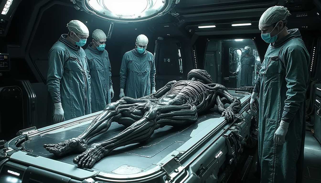 
a group a medical doctors with surgical instruments in an operating room standing around am operating table where a grey alien laying on it with head down. the doctors wearing surgical gown and medical mask. a bright light hanging over the operation table and shines on the alien. the doctors open the aliens chest cramps with view of the internal organs.