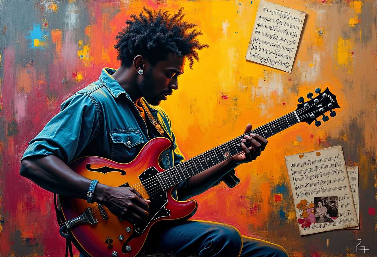 A dynamic mixed media piece showcasing a vibrant Afro-American musician, mid-performance with bold strokes of paint expressing movement and rhythm. The background features a swirling mix of colors and abstract shapes, reflecting the energy of jazz or hip-hop. The figure is outlined in sharp contrasting colors against a more muted backdrop, creating a striking focal point. Elements like sheet music and small photographs are woven into the canvas, adding layers of history and context. Ambient lighting enhances the vibrancy of the colors, capturing the essence of the moment. Created Using: mixed media layering, expressive color use, music-inspired themes, dynamic movement representation, photo integration, emotive expression, bold outlines, rhythmic composition, hd quality, natural look --aspect 3:2