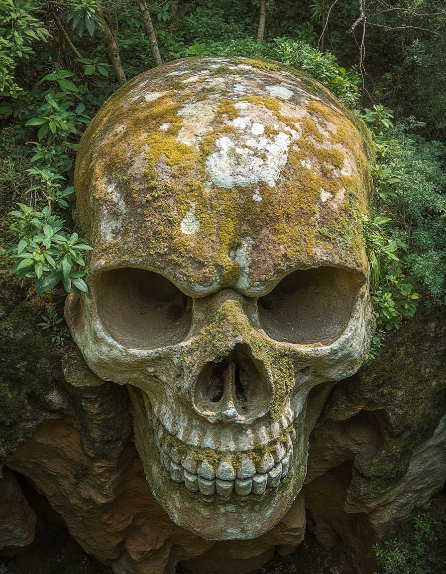 drone shot from above on a south american jungle where are a giant human skull, the skull is overgrown with jungle plants