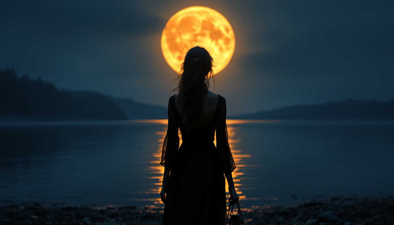 young female figure facing the lake in the middle of the night. Her dress is sheer black. orange full moon over the lake. The woman has a lantern in her right hand, 