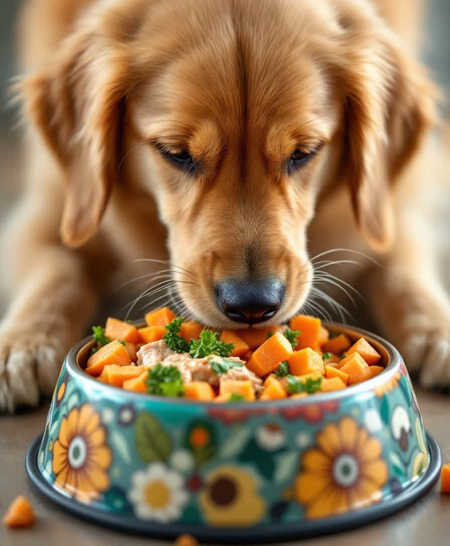 photograph 4k hyper realistic close up image of a Golden Retriever eating tuna, dices sweet potatoes and chopped kale in colorful dog bowl