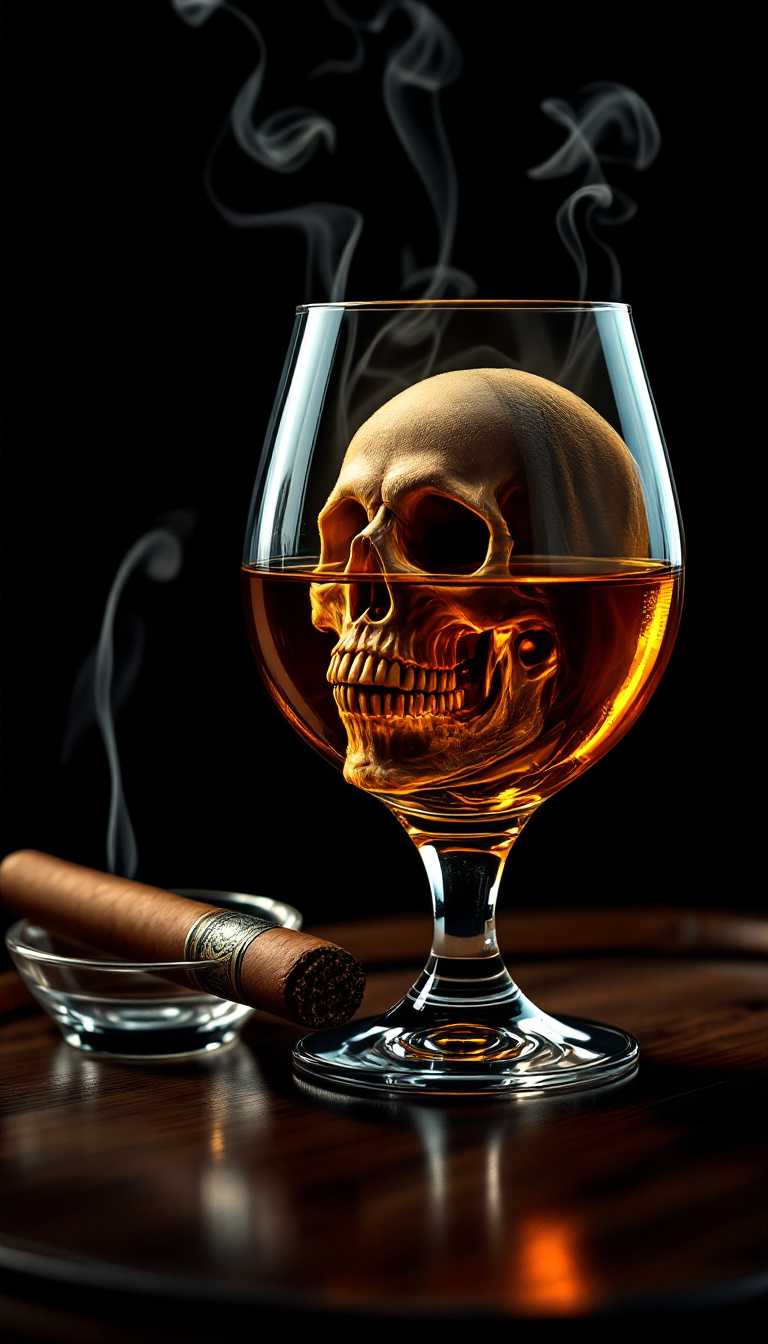 This is a highly detailed, digitally rendered image that combines elements of a traditional still life with a macabre twist. The central focus is a glass brandy snifter filled with amber liquid, likely brandy, which is positioned on a polished wooden surface. The snifter is slightly tilted, with the liquid casting a warm glow on the wood. The snifter is transparent, allowing a clear view of the liquid inside, but the glass is also magically transparent, revealing a human skull with a sinister smile and a hooded figure draped over it. The skull and hooded figure are illuminated by a soft, golden light, enhancing their eerie presence. 
To the left of the snifter, a lit cigar rests on a small glass ashtray, adding a touch of sophistication and indulgence to the scene. Wisps of smoke curl upward from the cigar, creating a sense of movement and adding to the overall mysterious atmosphere. The background is entirely black, making the objects in the foreground stand out vividly. The textures of the glass, the wood, and the liquid are meticulously detailed, giving a realistic and polished look to the image. The overall style is a blend of realism and fantasy, creating a haunting, yet elegant composition., , Beauty, High quality, Chiaroscuro, ultra quality, ultra detailed, intricate details, 8k