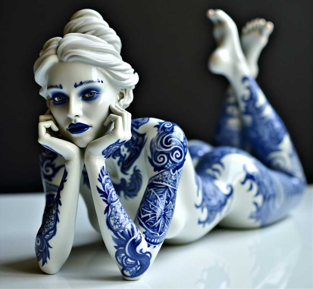 Beautiful woman made of decorative, glossy painted porcelain, intricate fine ornate blue pattern of mythological tattoos covering her arms and legs, glossy clear glaze, reflective lighting, lying on a white table and resting on her elbows, her chin in her hands, feet elevated behind her, studio photo
