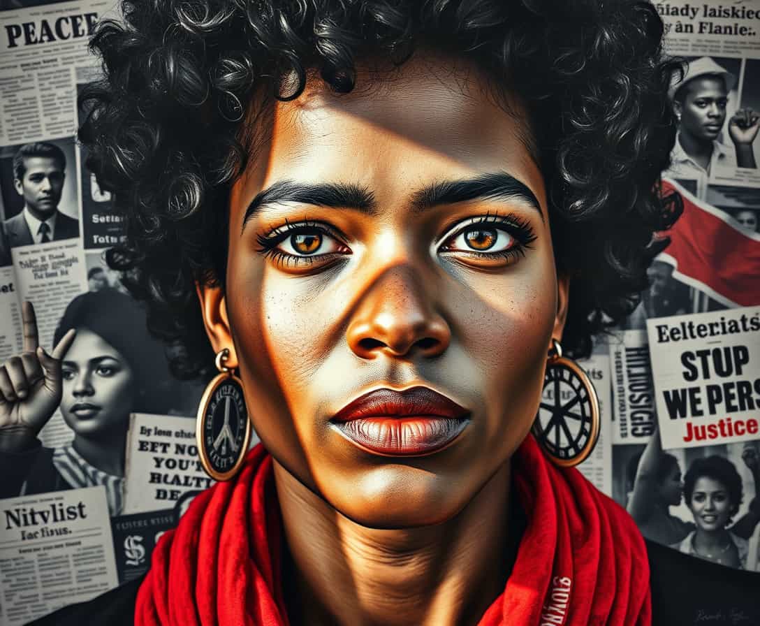  An expressive mixed media portrait of a powerful Afro-American activist, their face layered with symbols of peace, equality, and justice. The background incorporates newspaper clippings and protest imagery, creating a rich historical context. Black, white, and red dominate the palette, emphasizing the intensity of the message. Light casts dramatic highlights across the figure’s expression, reinforcing their determination and resilience. Created Using: social justice themes, layered collage techniques, emotional portraiture, powerful symbolism, contrasting color dynamics, historical references, poignant light effects, impactful imagery, hd quality, natural look --aspect 5:4