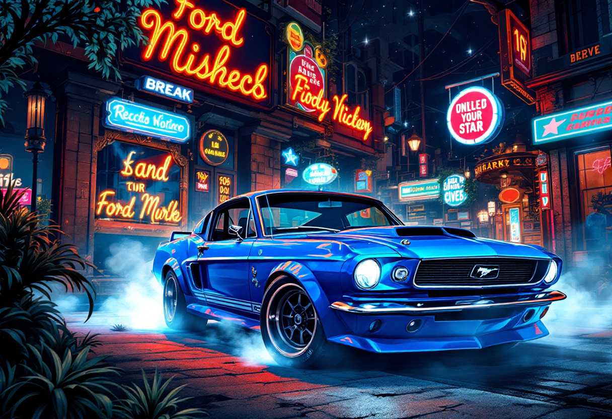 Neo-Rococo, Retro-themed illustration, (Cobalt Blue Ford Mustang GT:1.3) with a vintage twist, (Old-school cool:1.3), (Classic lines:1.2), (Nostalgic charm:1.2), BREAK, (backdrop backdrop:1.3), (Retro vibes:1.3), (Neon signs:1.2), (Vibrant atmosphere:1.2), Created with a retro touch, Timeless color palette, Distinctive details, curved forms, naturalistic ornamentation, elaborate, decorative, gaudy, Neo-Rococo, volumetric, fog, smoke
