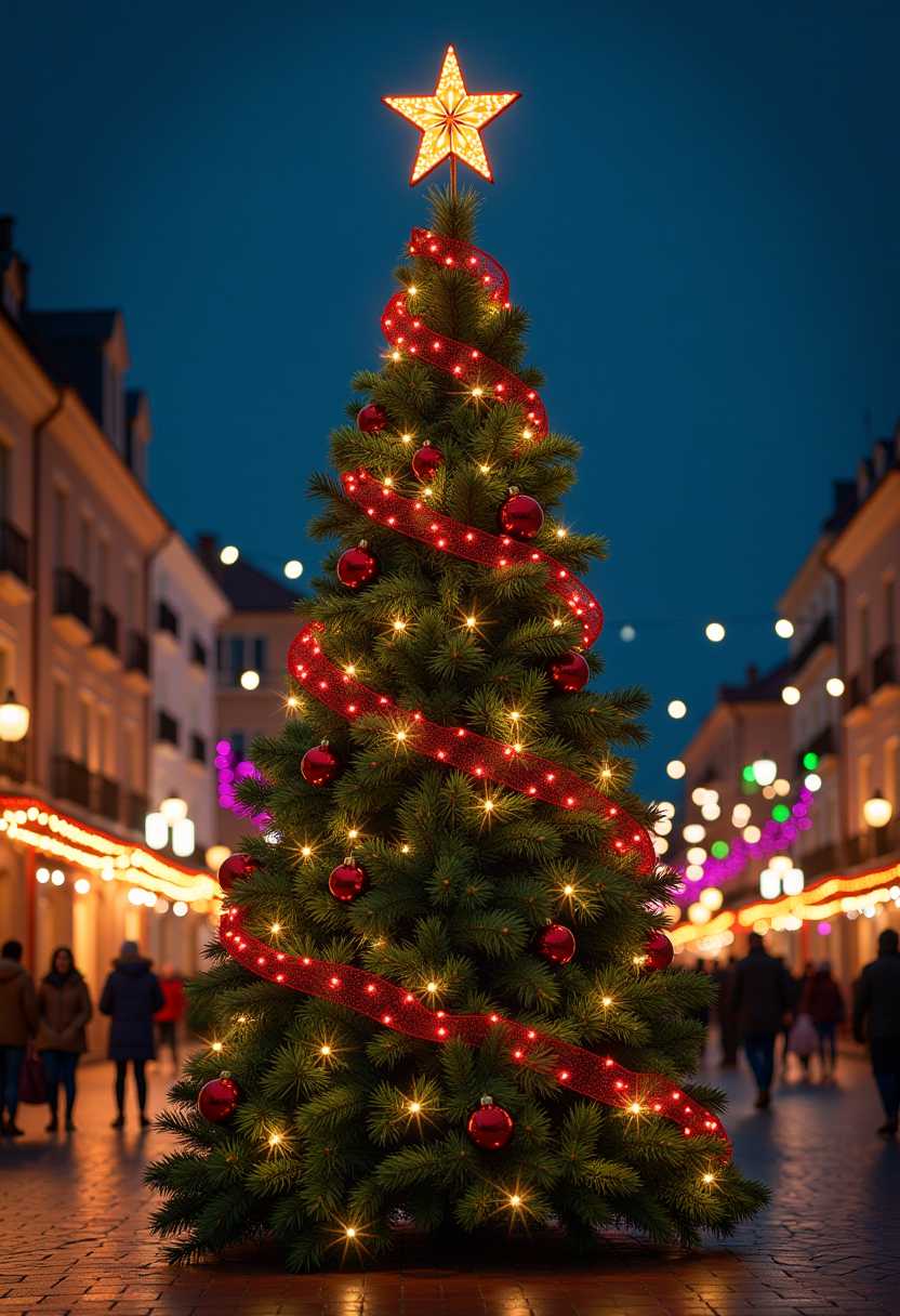 Christmas-themed tall pine tree Christmas tree, vivid electric colors, ultra-detailed, high quality, selective focus, photography, realism, ultra-realistic, town square 1950's night background, 32k 3d