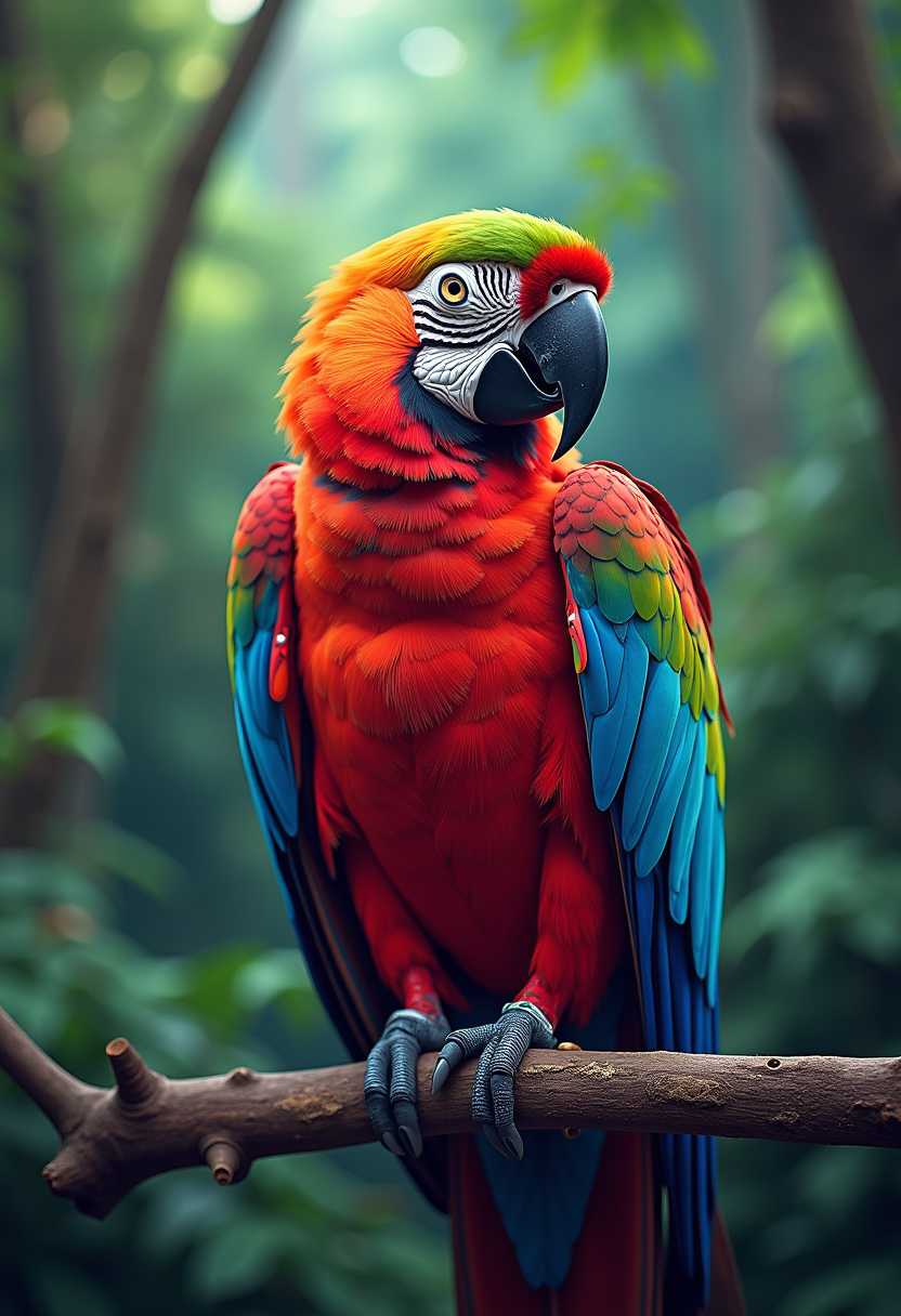 Vibrant Scarlet Macaw with Lively Blue Wings Perched on a Branch