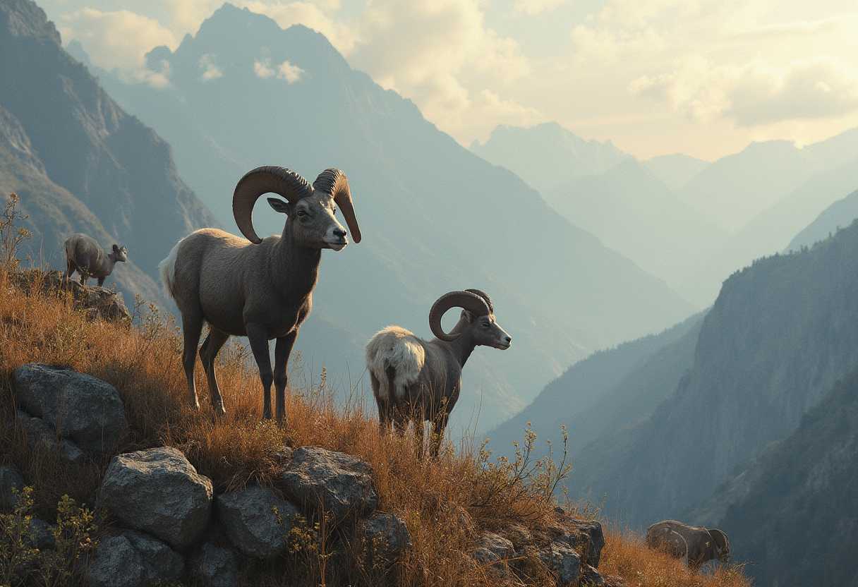 Photorealistic [Big Horn Sheep on a mountain side], atmosphere created through scumbling technique 