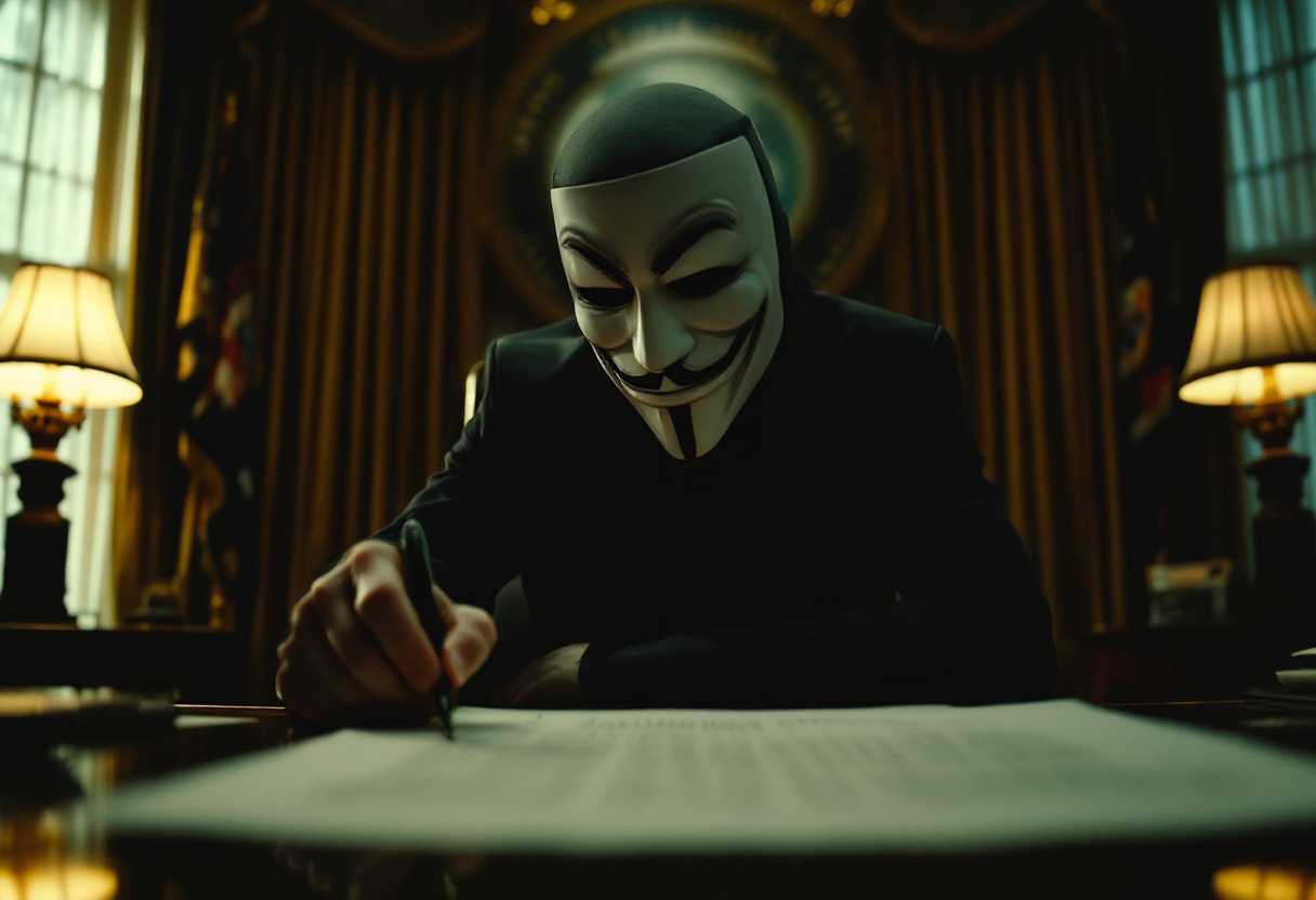 Anonymous Masked Figure in a Dark Suit Writing at a Desk
