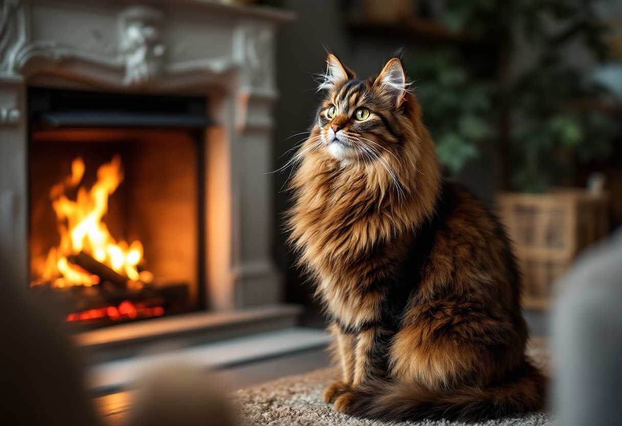 beautiful maine coon cat, sitting proud, next to a burning fireplace in the living room 