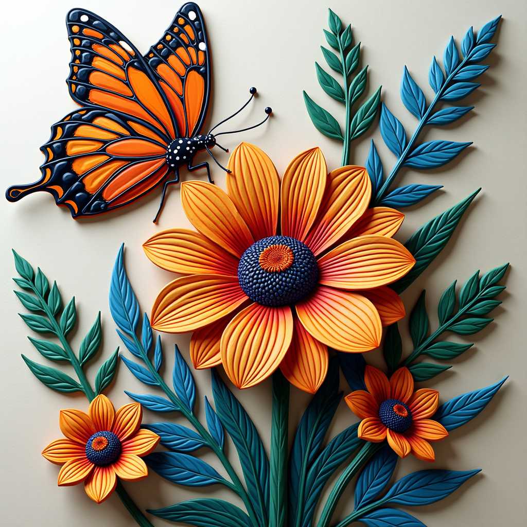 flower and butterfly, line art, illustration, abstract, vibrant psychedelic coloured, detail, 3d ceramic