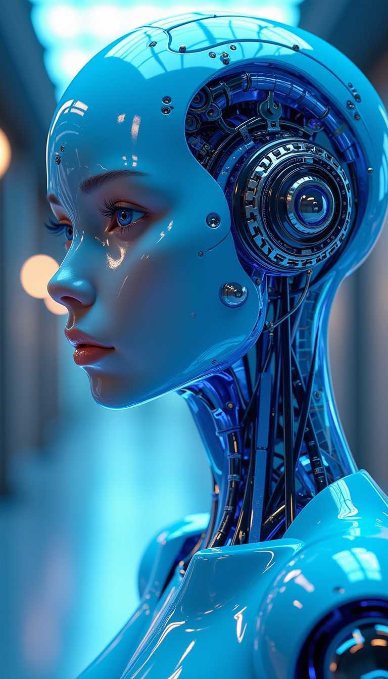 robot girl in blue colors, in the style of hyperrealistic environments, colorful biomorphic forms, 32k uhd, Helmut Newton, translucent layers, close-up, mechanical designs, 3d, style of AI-DA