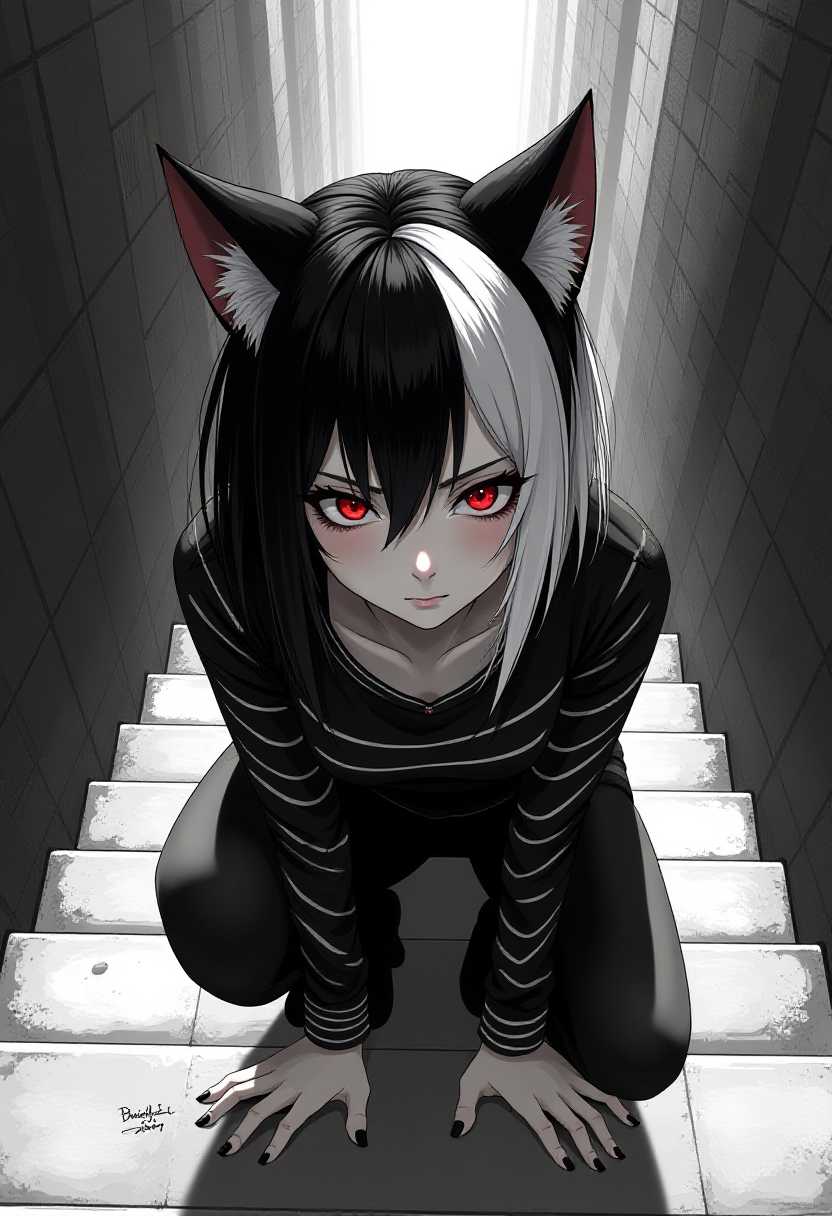 Central to this digital illustration is a figure rendered in a highly stylized manga or anime-inspired art style, characterized by dramatic shading, clean lines, and exaggerated features. The central figure possesses a pale complexion accentuated by pronounced, dark eye makeup and vivid red eyes that pierce through the grayscale of the surrounding elements. This stark contrast highlights the intensity and focus of the image.

The figure's hair is a striking blend of black and white, with the black offering a deep background to the sharply contrasting white tips. This hair is styled with pronounced, pointy tips and tufts that evoke the playful, yet mysterious semblance of cat ears. Draped in a long-sleeved top, the figure wears a pattern of black and white stripes, harmonizing with the feline-like hairstyle, adding to the theme of duality and contrast.

In terms of composition, the figure is positioned in a dynamic crouch, hands gripping firmly on the edge of a stairway. The perspective is deliberately chosen from above, looking down upon the scene, creating an intimate and immediate connection with the viewer. This top-down angle adds a layer of intensity and depth, immersing the viewer in the figure's enigmatic world.

The background is a labyrinthine series of stairways that extend into the distance,