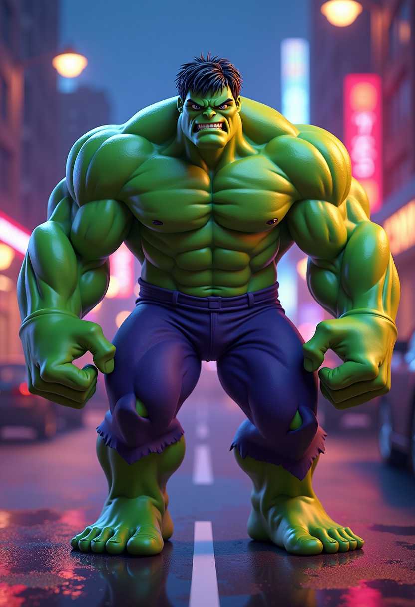 a Hulk, 3d style of Disney Pixar, Gumby,  neon kinetic colors, cartooncore 