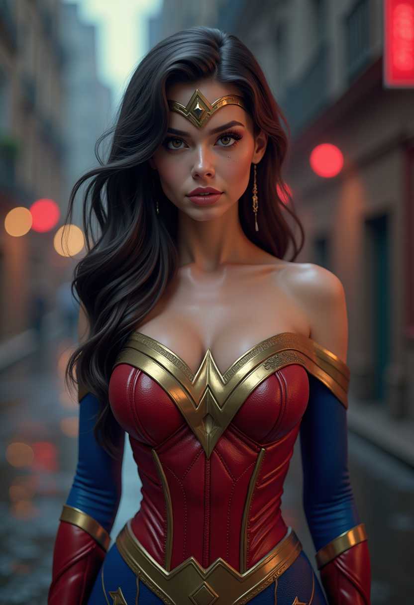 Superwoman 3d photo from Marvel, a beautiful charismatic girl, showing piercing, athletic body, a woman a red, white, and blue top, a gorgeous figure, interesting shapes, full body shot, goth style, dark eyes, in the style of Helmut Newton, and life-size figures, realism ::9 , style of disney pixar hyperrealism, hd, photography, 64k