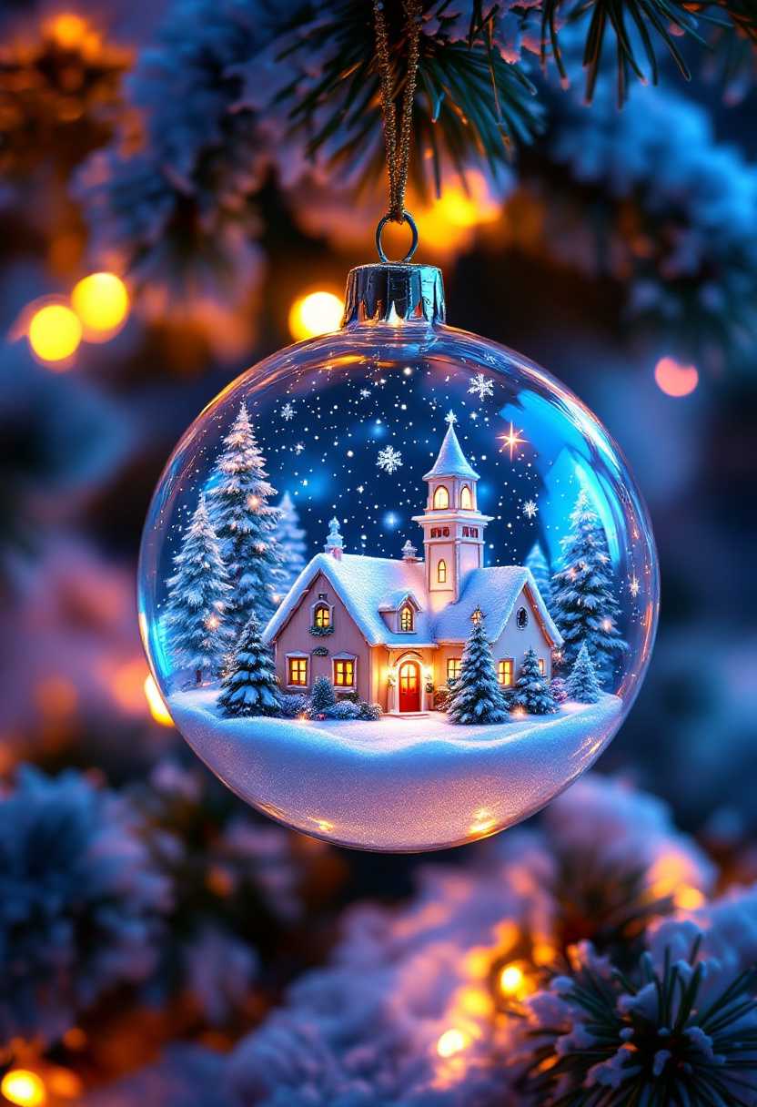 (A snowy night village:1.1) inside a crystal glass Christmas tree bauble in a christmas tree, christmas orniments on the multicolor lit tree, wide photography, masterpiece, uhd, 8k, beautiful, volumetric, glowing