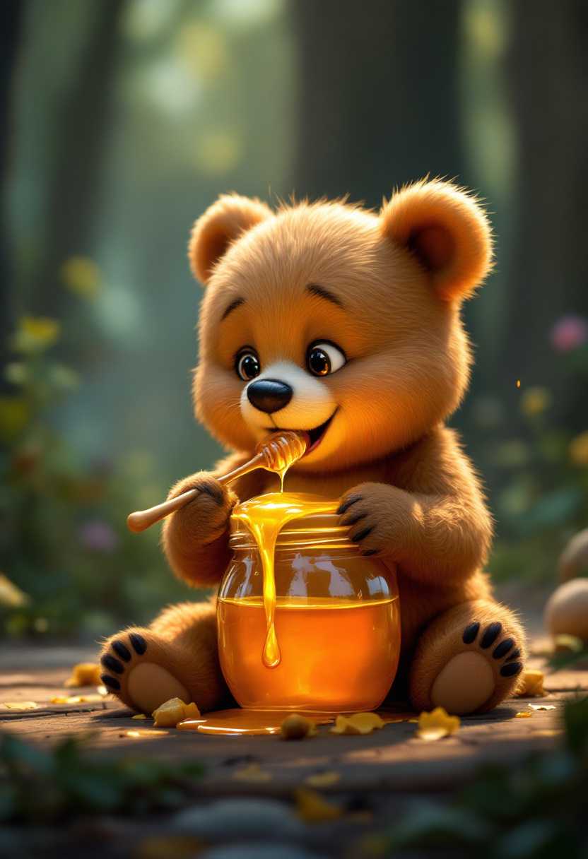 A baby bear with a jar of honey, eating honey, Pixar style, high quality