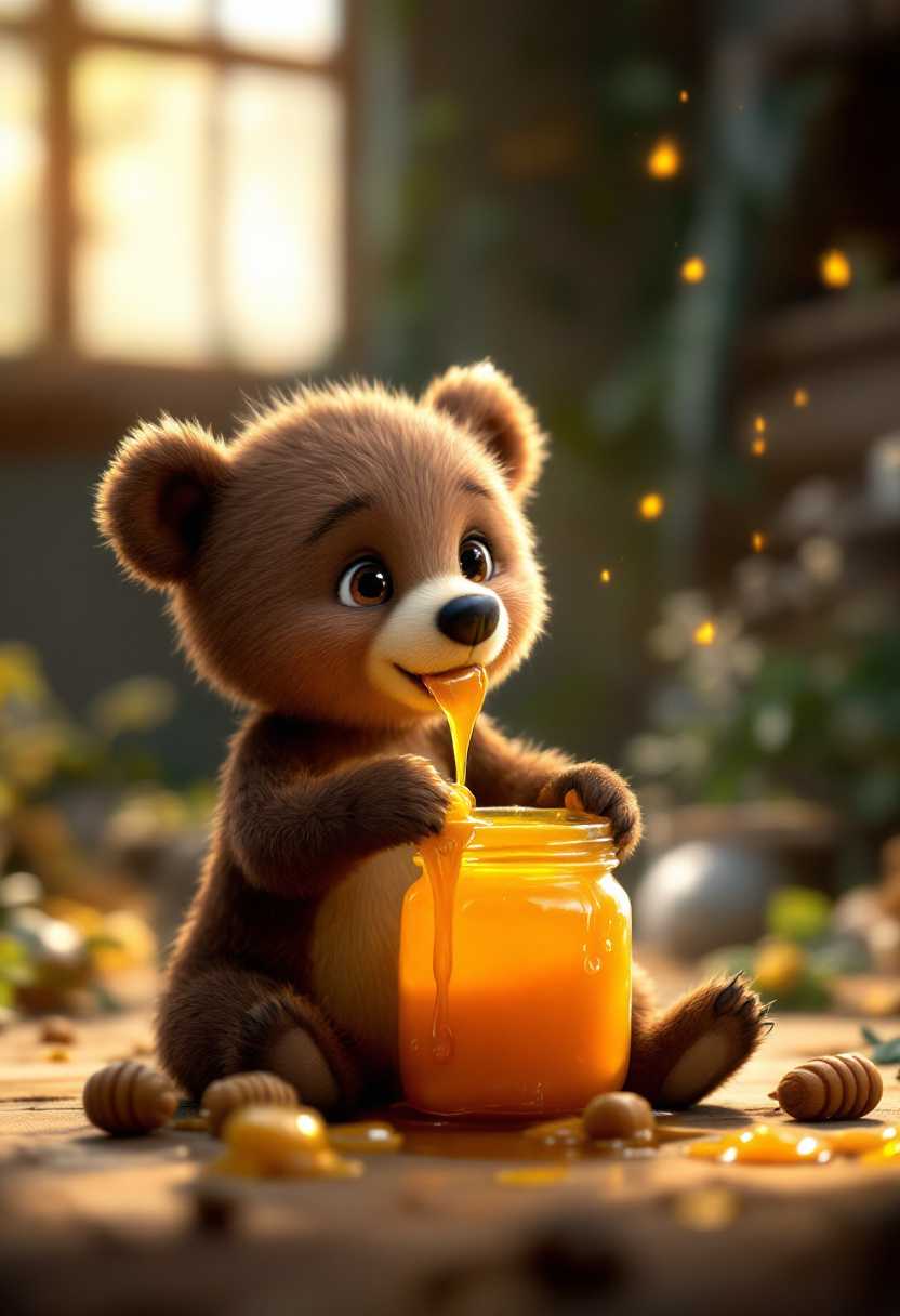 A baby bear with a jar of honey, eating honey, Pixar style, high quality