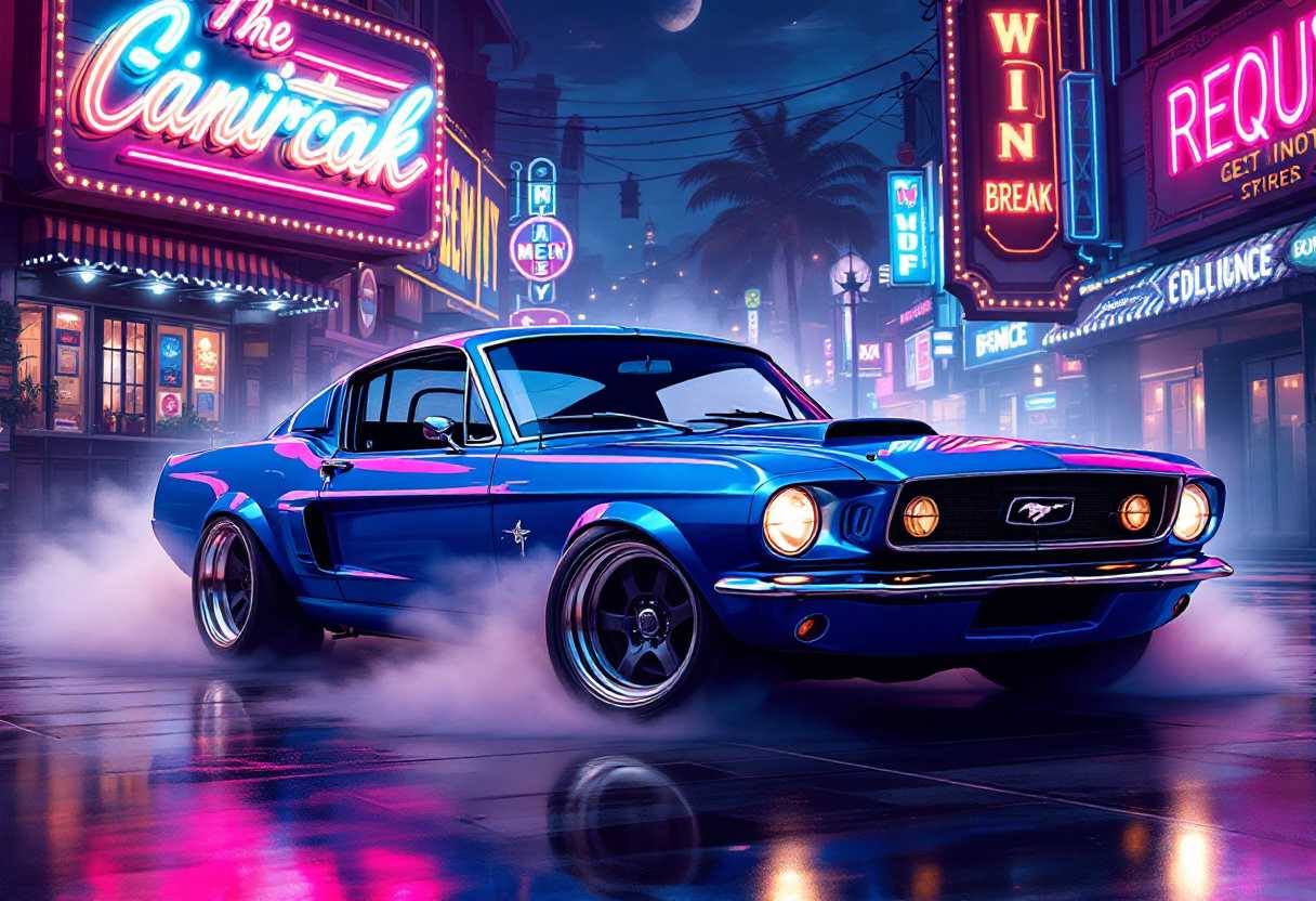 Neo-Rococo, Retro-themed illustration, (Cobalt Blue Ford Mustang GT:1.3) with a vintage twist, (Old-school cool:1.3), (Classic lines:1.2), (Nostalgic charm:1.2), BREAK, (backdrop backdrop:1.3), (Retro vibes:1.3), (Neon signs:1.2), (Vibrant atmosphere:1.2), Created with a retro touch, Timeless color palette, Distinctive details, curved forms, naturalistic ornamentation, elaborate, decorative, gaudy, Neo-Rococo, volumetric, fog, smoke