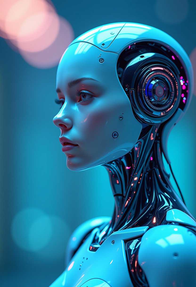 robot girl in blue colors, in the style of hyperrealistic environments, colorful biomorphic forms, 32k uhd, Helmut Newton, translucent layers, close-up, mechanical designs, 3d, style of AI-DA