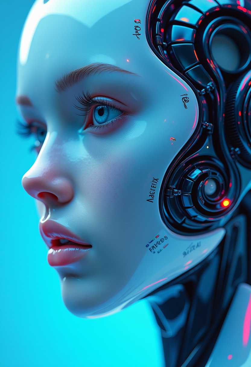 Closeup of a Futuristic Robot Head with Artificial Intelligence Elements