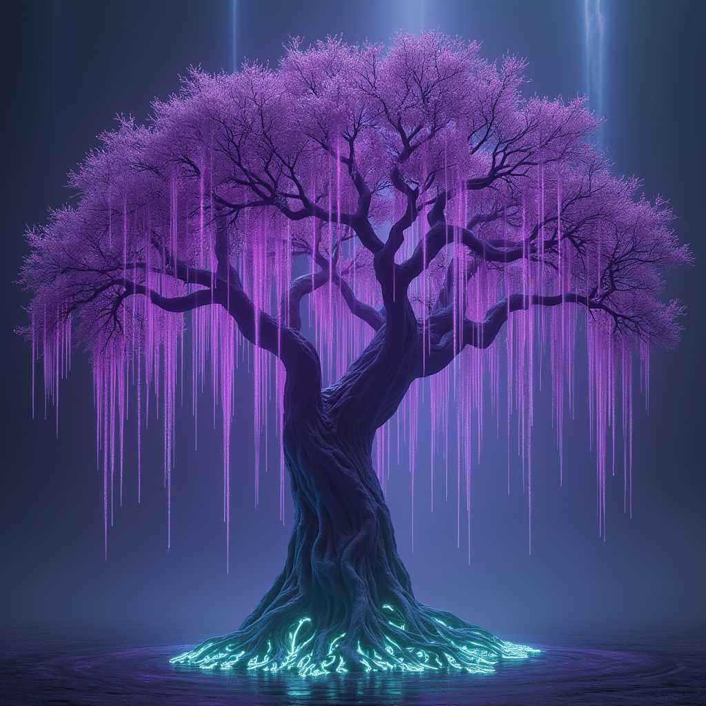 The Tree of Souls, Neon, Avatar, Na'vi name: Vitraya Ramunong is a giant tree souls, 8k resolution, realistic style, style of Avatar, long, long strands on purple like a willow tree. hyper-realistic photography hd 64 realistic:9 The colors in the image are rich and vibrant, with a predominance of purples and blues that create a cool, dreamlike quality. The purples range from deep, royal violets to lighter lavender hues, while the blues are a deep navy to a gentle aqua. These colors are complemented by streaks of pink and white, which add a sense of movement and light to the composition.The objects in the image are fantastical in nature. The central focus is a treelike structure with branches that reach upwards and outward, reminiscent of a weeping willow. However, these branches are not made of wood but rather appear to be made of glowing, translucent material. They are illuminated from within, casting a soft, ethereal light that gives them a delicate and fragile appearance.The roots of the tree are also noteworthy. They are not the typical earthbound roots one might expect but rather luminescent, tentaclelike tendrils that reach down into the darkness. These tendrils are a striking shade of teal, which stands out against the darker background and adds to the sense of otherworldliness.