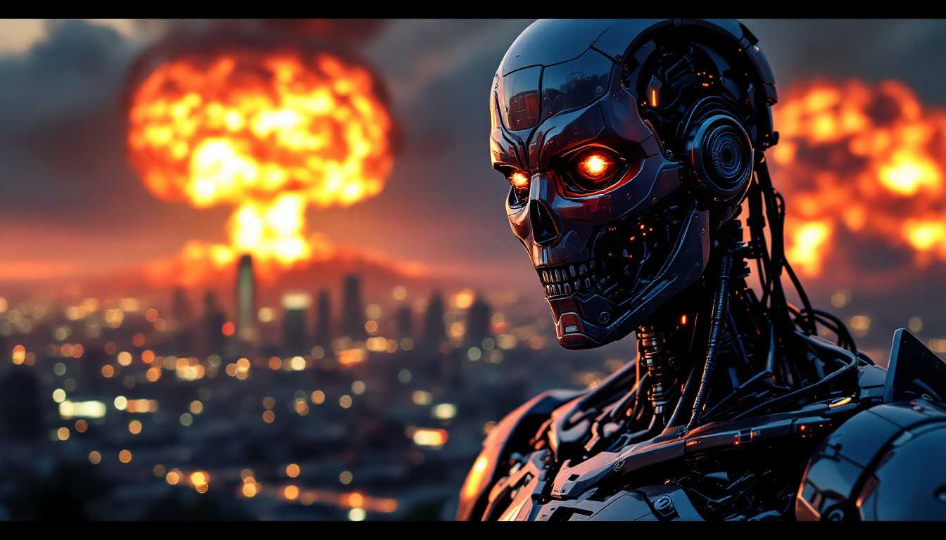 AI robot reminiscent of a Terminator:1.3, looking at viewer, (facing the camera:2.3), controls the world, nuclear war, human annihilation, doomsday, background a nuclear explosion over Los Angeles.
