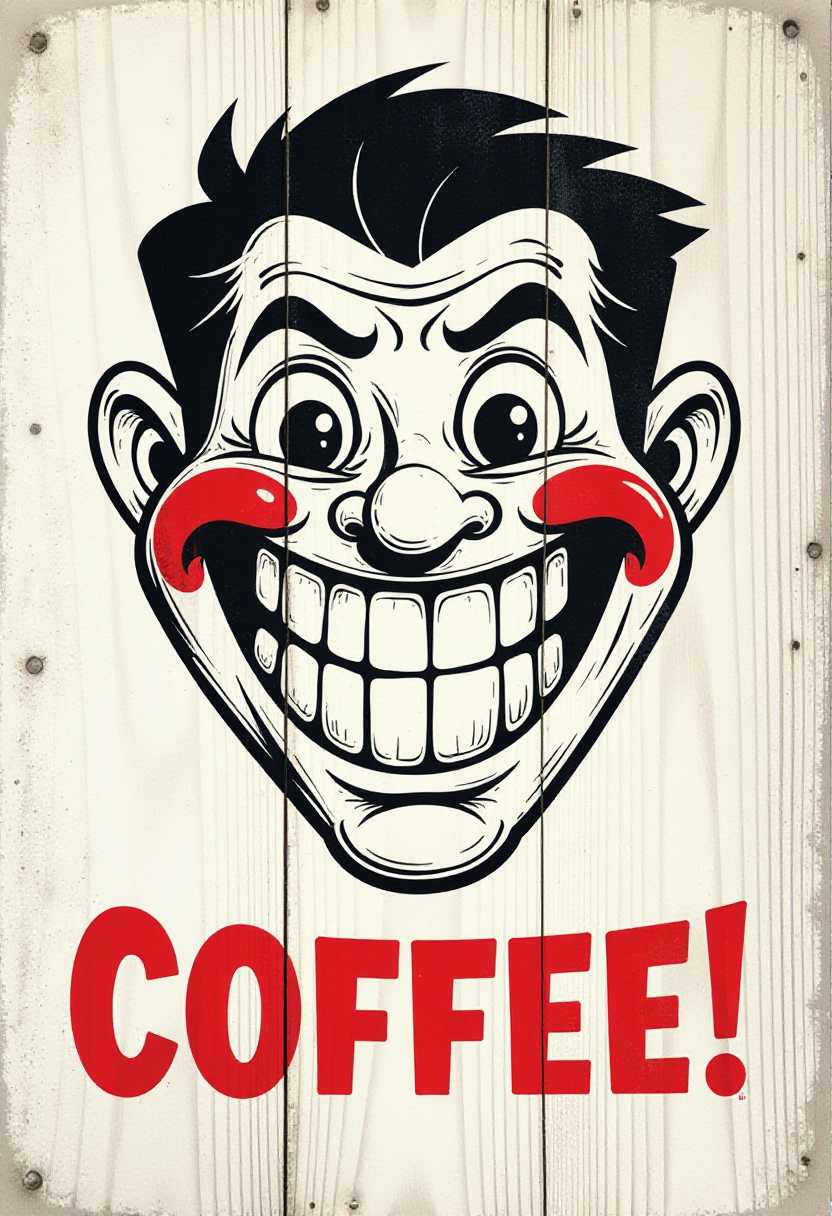 This image features a stylized representation of a character that resembles a stylized man drinking coffee. The character is depicted with a wide, toothy grin and a mischievous expression. The eyes are large and round, with a glint in them.The background of the image is a textured, distressed white surface that gives the impression of an aged or weathered wood grain. This adds a vintage feel to the overall composition.The color palette is quite limited, primarily consisting of black, white, and red. The character is outlined in black, with the exception of the white teeth and the red cheeks. The red cheeks are a bright, bold red, which stands out against the black and white of the characters face. COFFEE! in red letters