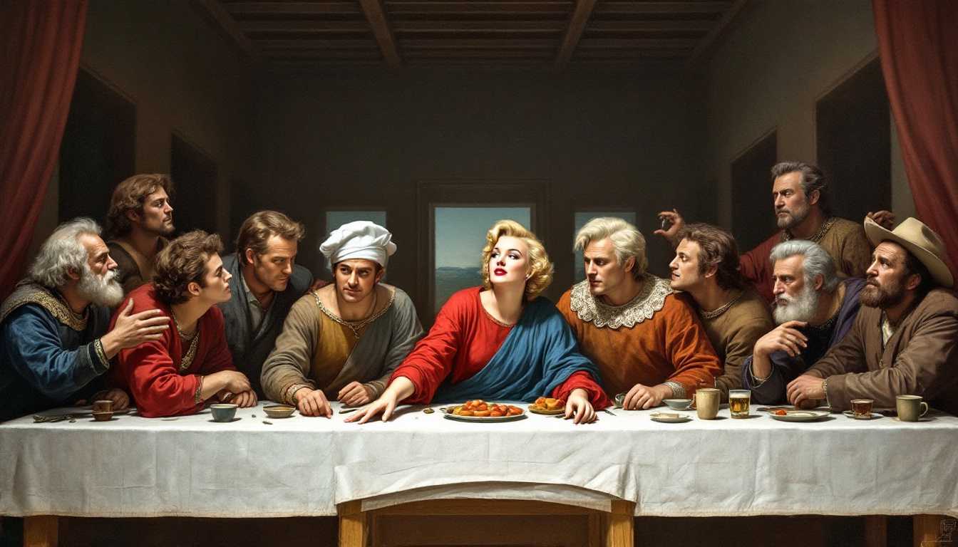 DaVinci's The Last Supper with all the hollywood stars of the 1950's, Marlon Brando, James Dean, Marilyn Monroe, Charlton Heston, John Wayne, Gene Kelly in the background
