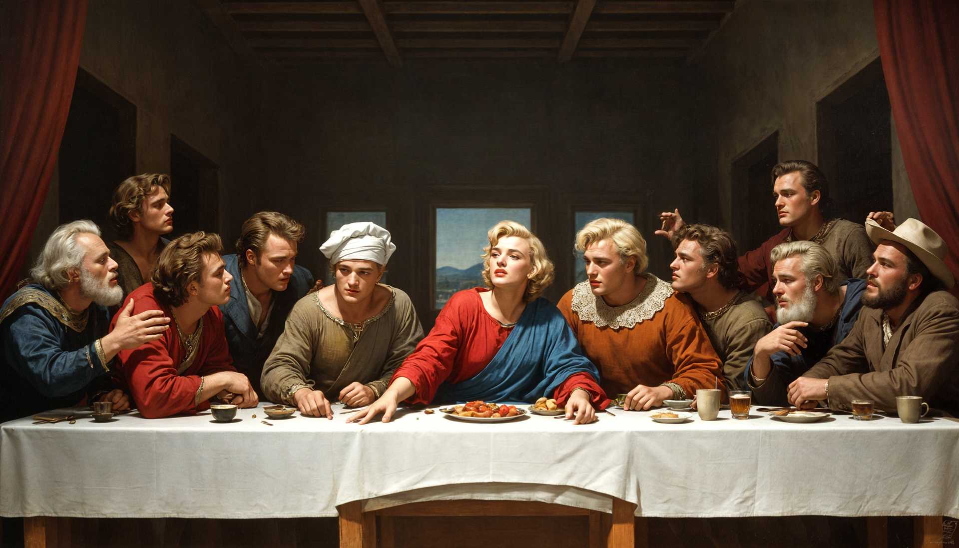 AI-generated image: DaVinci's The Last Supper with all the hollywood stars of the 1950's, Marlon Brando, James Dean, Mar