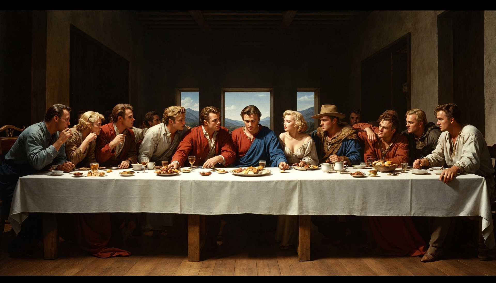 AI-generated image: DaVinci's The Last Supper with all the hollywood stars of the 1950's, Marlon Brando, James Dean, Mar