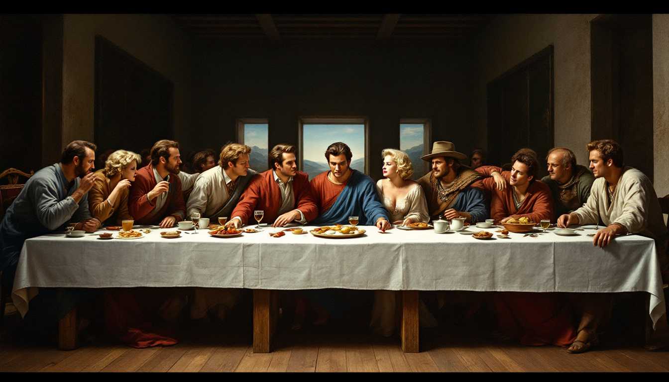 DaVinci's The Last Supper with all the hollywood stars of the 1950's, Marlon Brando, James Dean, Marilyn Monroe, Charlton Heston, John Wayne, Gene Kelly in the background