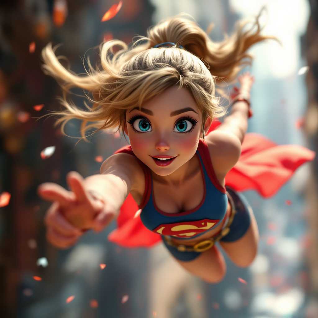 SuperGirl flying towards camera, wearing a tank top, red, white, blue, pretty, ponytail, show stomach, steampunk, cartooncore, 3d style of Disney Pixar