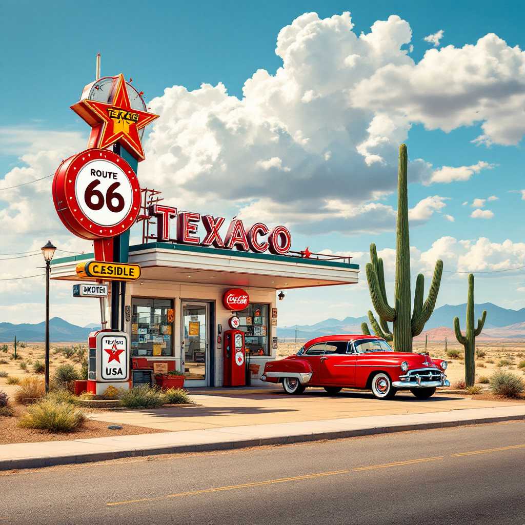 1950's retro gas station route 66 USA, desert, cactus, 1950's car, hyper-realistic, hd, 8k sign reads "66" for Route 66, coca cola sign, texaco, hyper-realistic hd, 8k realism:9