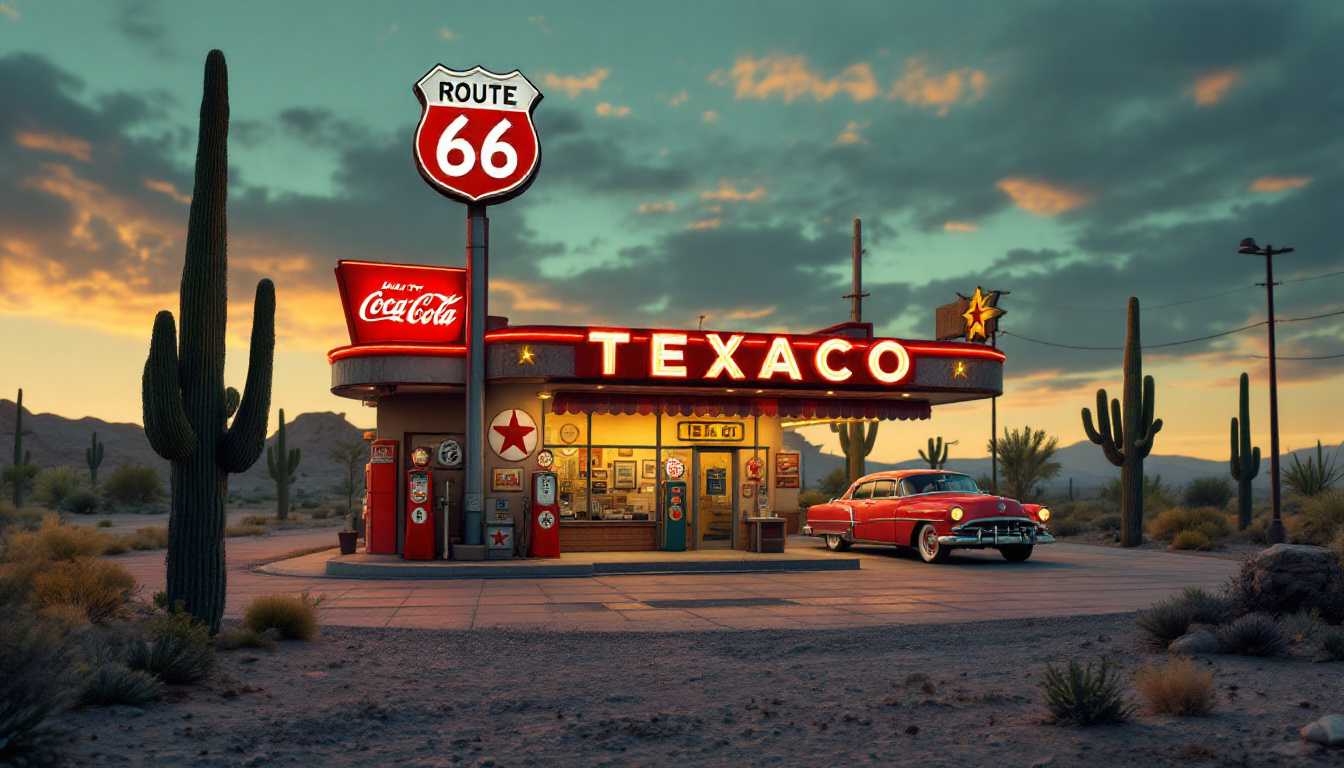 1950's retro gas station route 66 USA, desert, cactus, 1950's car, hyper-realistic, hd, 8k sign reads "66" for Route 66, coca cola sign, texaco, hyper-realistic hd, 8k realism:9