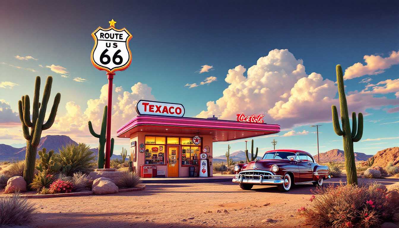 1950's retro gas station route 66 USA, desert, cactus, 1950's car, hyper-realistic, hd, 8k sign reads "66" for Route 66, coca cola sign, texaco, hyper-realistic hd, 8k realism:9