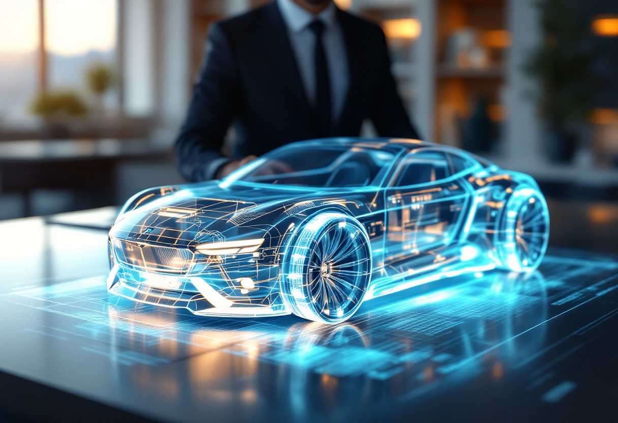 holographic car on the table, a professional standing next to the ultra translucent futuristic car, luminous 3d rendering, techcore, projected image to display information, digital display, transparent, hologram, 3d rendering, intricate details, highly detailed, office atmosphere, 32k, sharp focus