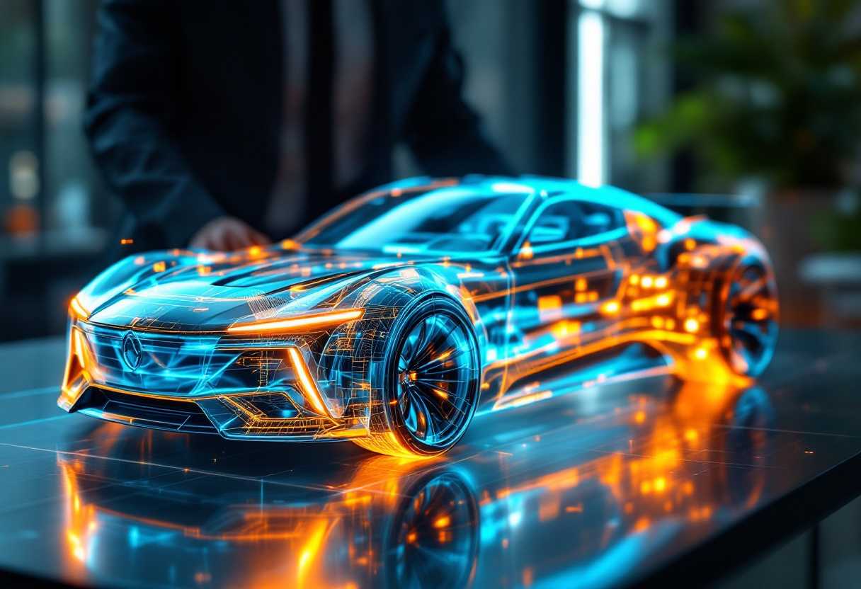 holographic car on the table, a professional standing next to the ultra translucent futuristic car, luminous 3d rendering, techcore, projected image to display information, digital display, transparent, hologram, 3d rendering, intricate details, highly detailed, office atmosphere, 32k, sharp focus
