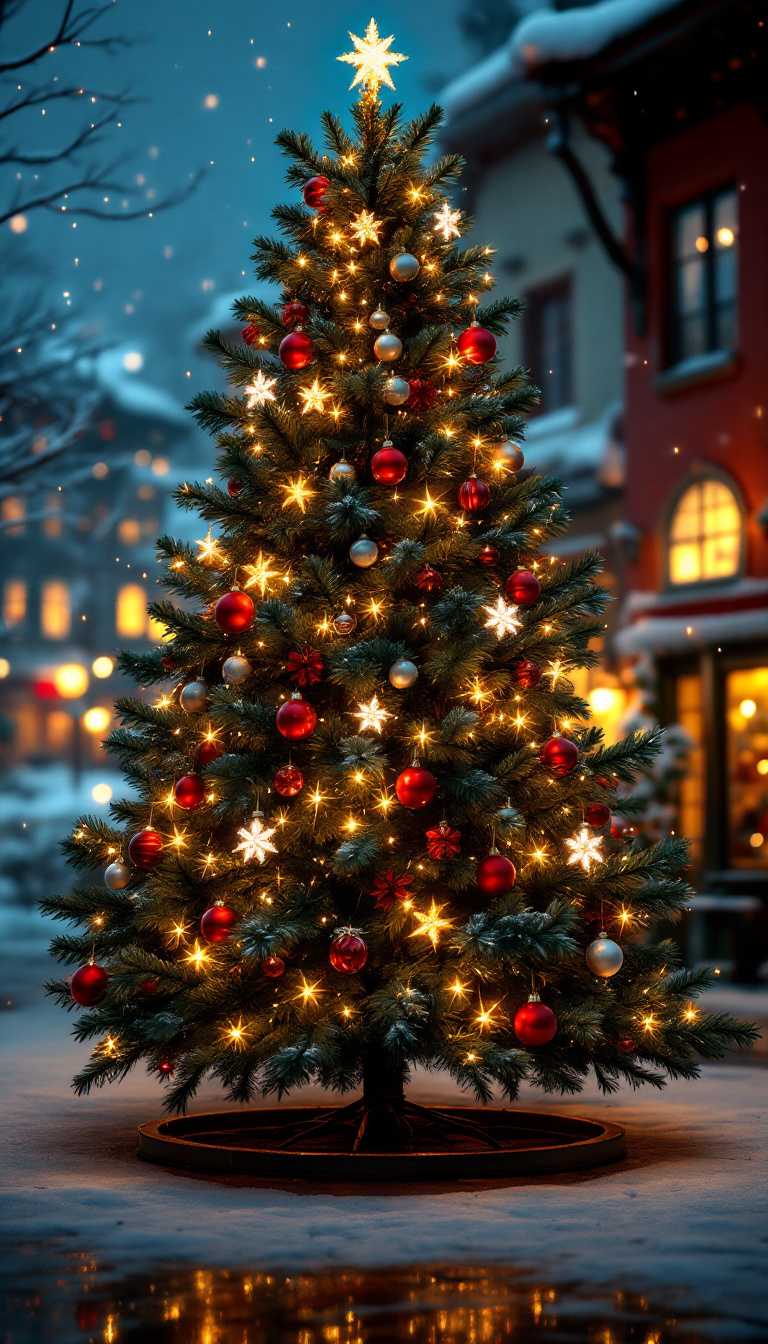 Christmas-themed tall pine tree Christmas tree, vivid electric colors, ultra-detailed, high quality, selective focus, photography, realism, ultra-realistic, town square 1950's night background, 32k 3d