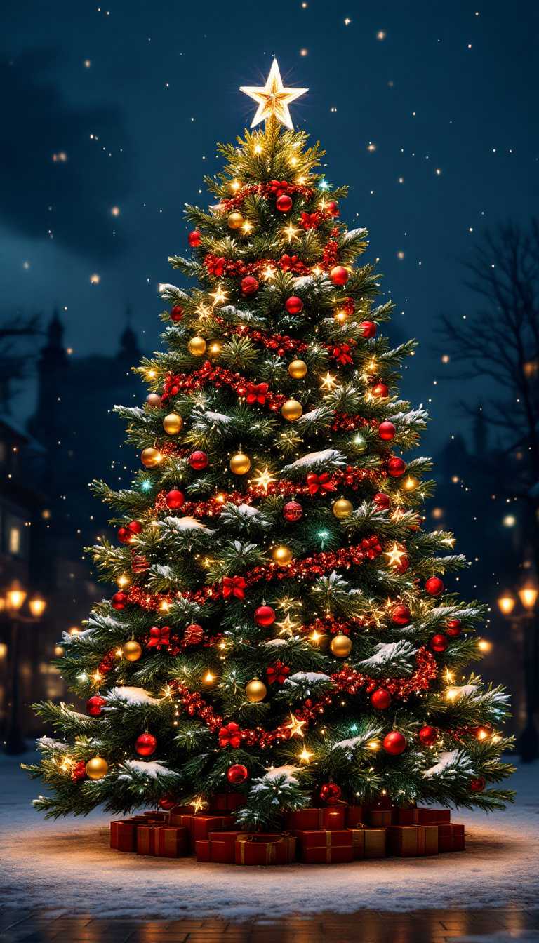 Christmas-themed tall pine tree Christmas tree, vivid electric colors, ultra-detailed, high quality, selective focus, photography, realism, ultra-realistic, town square 1950's night background, 32k 3d