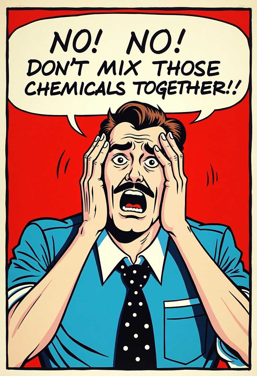 This image is a comic strip panel, featuring a character in distress. The art style is reminiscent of the classic American comic strips from the mid20th century, with bold lines, flat colors, and a clear, exaggerated form of expression.The medium appears to be ink on paper, with the lines having a crisp, clean finish. The colors are limited, with a red background, a blue shirt, and a black tie with a polka dot pattern. The characters skin is a light tone, and the ink lines are black.The character is a man with a mustache, wearing a blue shirt with a polka dot tie and a white collar. His right hand is raised in a stopping gesture, and his left hand is clutching his head in apparent despair or alarm. His eyes are wide open, and his mouth is agape, as if he is shouting. The speech bubble contains the text NO! NO! DONT MIX THOSE CHEMICALS TOGETHER!! which suggests that the character is warning against a dangerous action involving chemicals.The overall effect is one of urgency and caution, with the characters exaggerated features and the bold, attentiongrabbing text heightening the sense of danger. The comic strip format is typically used to convey a quick, visual narrative, and this panel seems to be warning against a potentially hazardous situation.