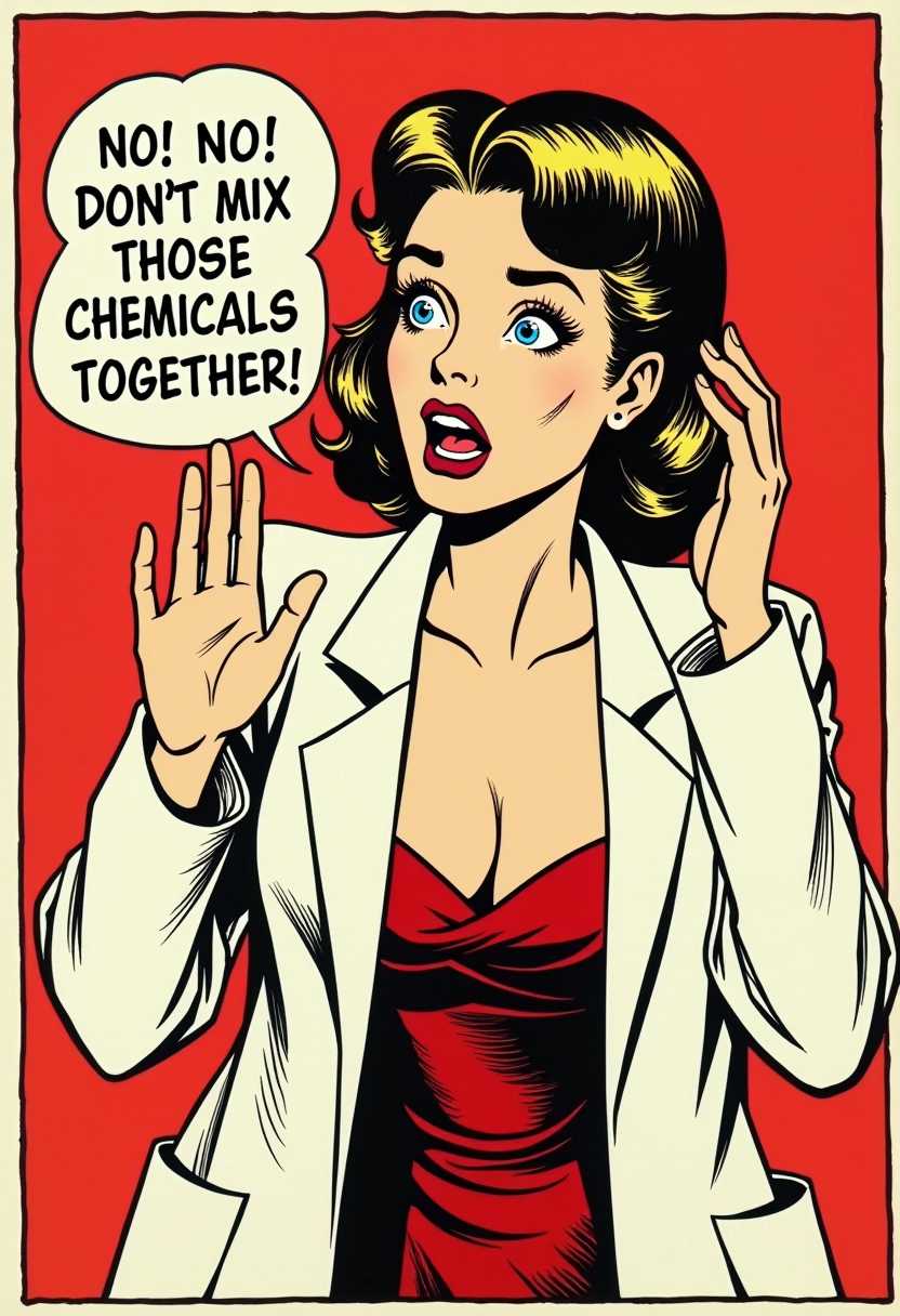 This image is a comic strip panel, featuring a character in distress. The art style is reminiscent of the classic American comic strips from the mid20th century, with bold lines, flat colors, and a clear, exaggerated form of expression.The medium appears to be ink on paper, with the lines having a crisp, clean finish. The colors are limited, with a red background, a white lab coat over a low cut neckline red velvet dress. The characters skin is a light tone, and the ink lines are black.The character is a woman lab technician. Her right hand is raised in a stopping gesture, and his left hand is clutching his head in apparent despair or alarm. Her eyes are wide open, and her mouth is agape, as if he is shouting. The speech bubble contains the text NO! NO! DONT MIX THOSE CHEMICALS TOGETHER!! which suggests that the character is warning against a dangerous action involving chemicals.The overall effect is one of urgency and caution, with the characters exaggerated features and the bold, attentiongrabbing text heightening the sense of danger. The comic strip format is typically used to convey a quick, visual narrative, and this panel seems to be warning against a potentially hazardous situation.